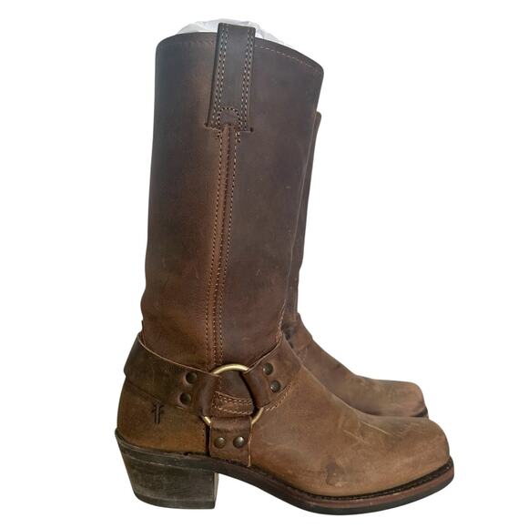 Frye Vintage Brown Leather Square Toe Harness Boots Size 6.5 - Picture 1 of 13